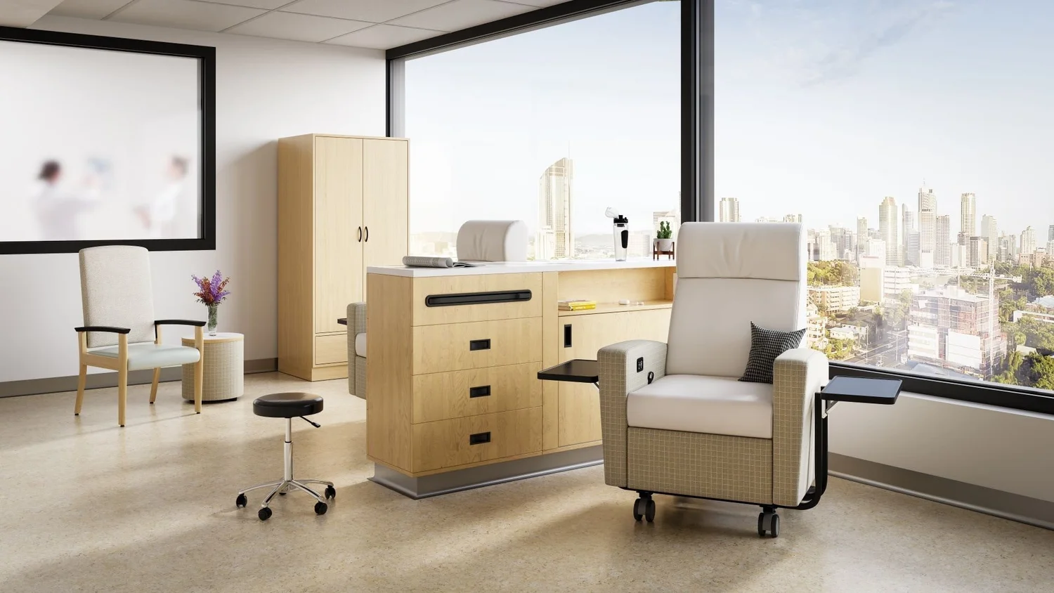 Medical office consultation room with desk, storage, and guest seating