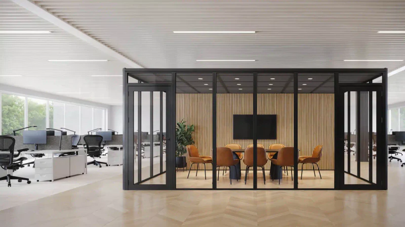 Specialty office furniture installation with workstations and meeting room